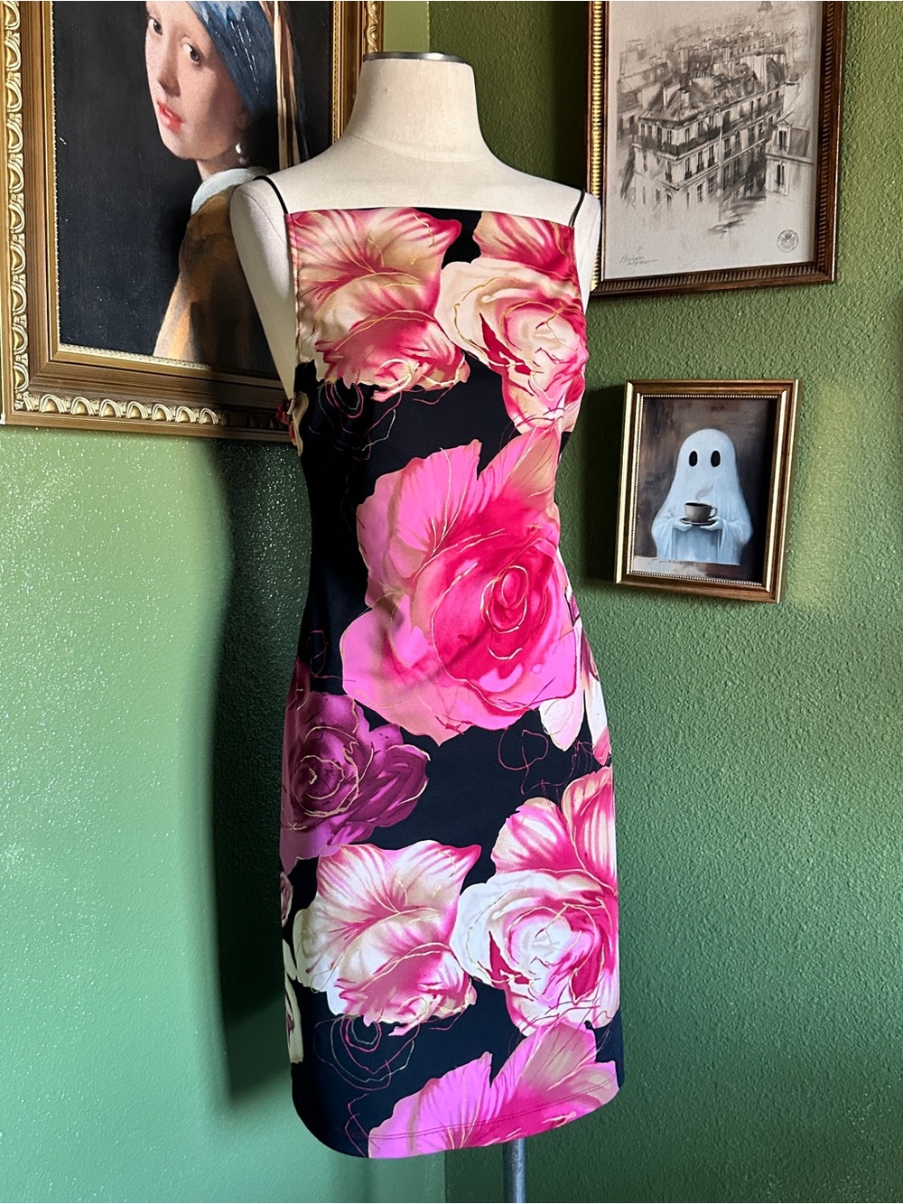 Rampage Black Mini Dress with Pink and Cream Rose Print